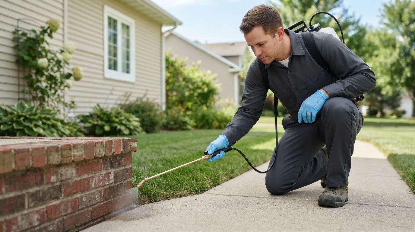 Pest control technician treating a home near De Berry, TX