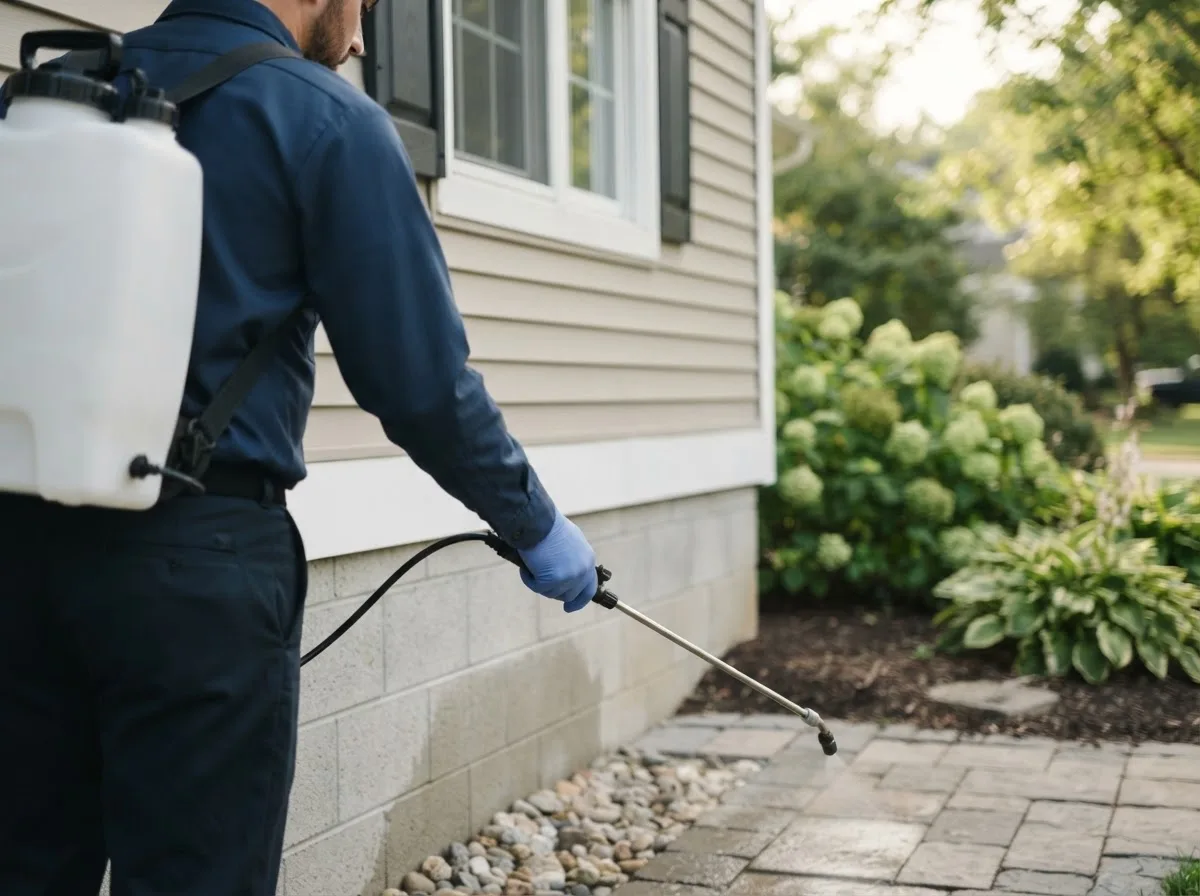 Pest control technician inspecting a home in De Berry, TX